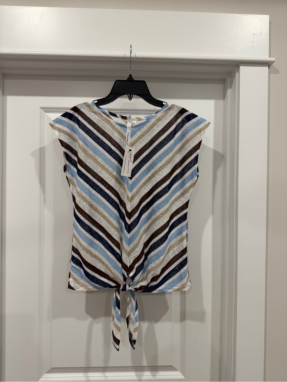 NY Collection Striped Tie-Front Blouse - Light Blue, Navy & Brown